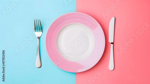 Fototapeta Cutlery, fork, knife, spoon and empty plate on a colored background. AI Generated