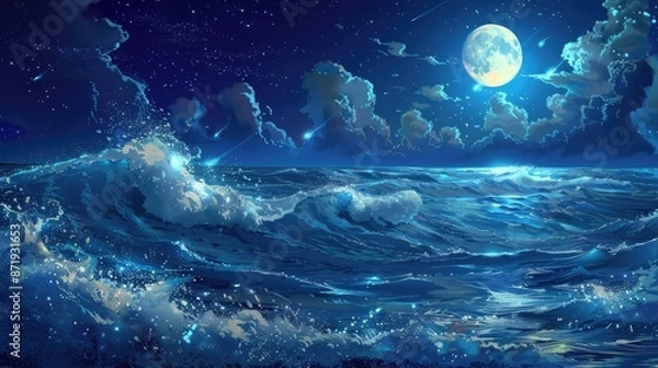 Fototapeta A mystical anime art depiction of a shimmering blue water wave illuminated by moonlight, creating a tranquil and otherworldly atmosphere