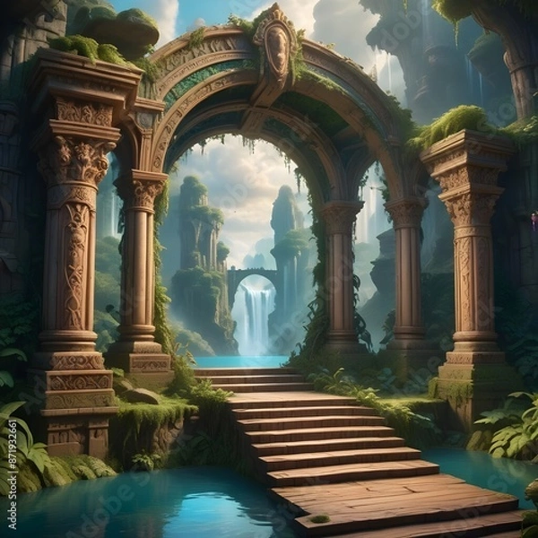 Fototapeta A fantasy stage with an ornate archway leading to a lush, magical forest landscape. The stage has wooden steps and columns with intricate carvings. The background features a vibrant, dreamlike scene.