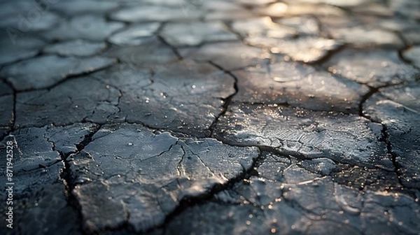 Fototapeta The asphalt road, with cracks and worn areas, illuminated by soft sunlight. The texture is detailed and realistic, showcasing textures that resemble real-life roads.