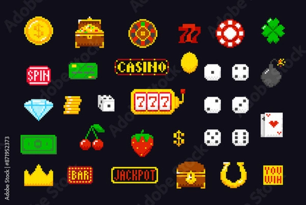 Fototapeta Slot machine icons pixel set. Game assets 8-bit sprite: jackpot, coins, dice, playing cards, fruits, horseshoe for casino app.