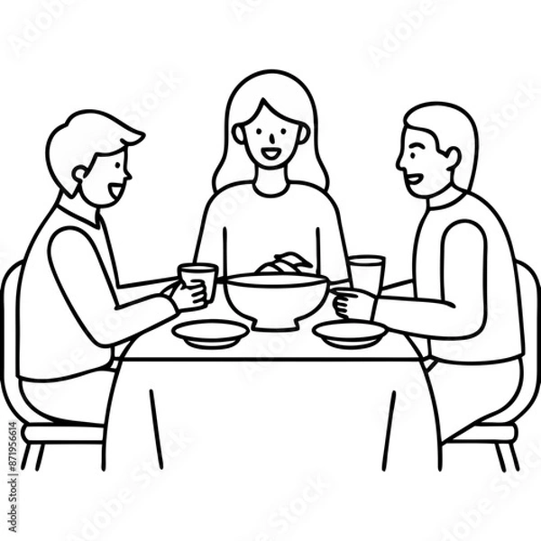 Fototapeta A cartoon family of three, a woman, man, and two children, sit at a cafe table enjoying breakfast and coffee