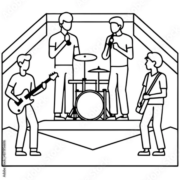 Fototapeta A humorous cartoon illustration of a woman and boy enjoying a park stroll while office workers scramble inside