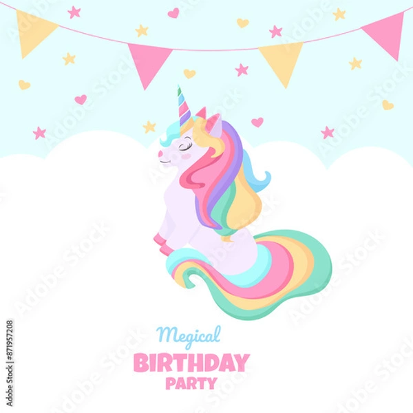 Fototapeta Birthday party invitation with beautiful unicorn . Template vector illustration on blue background. vector background with a rainbow unicorn in cloudy sky for banners, cards, flyers, social media wall