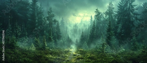 Fototapeta Pine tree forest with eco-friendly lighting and large copy space.