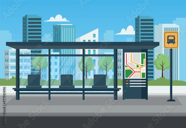 Fototapeta Empty bus stop with city skyline background. Bus stop public transport in flat style. Vector stock