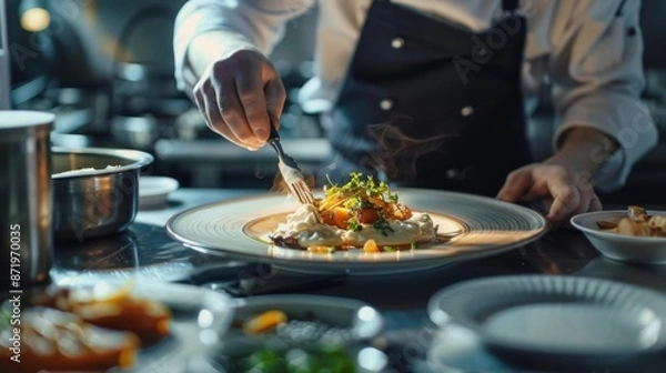 Fototapeta A chef plating a gourmet meal with precision, adding the final touches