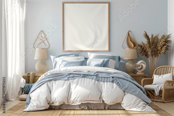 Fototapeta Simple and stylish bedroom wall art mockup, blank wall decor mockup, painting mockup, house canvas vertical mockup