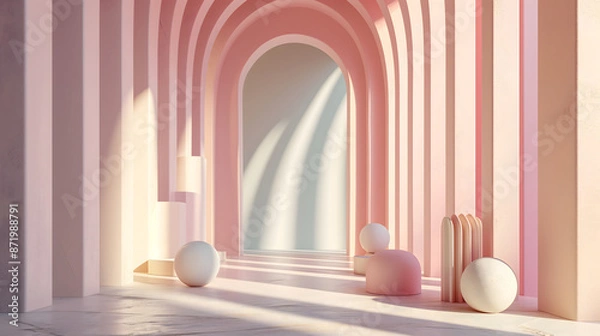 Fototapeta abstract 3d scene arched door and white ball with pink background and sunlight, 3d render in the minimal style