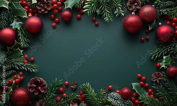 Fototapeta green christmas background, green, red ornaments, decorations top view christmas frame new year greeting card template.illustration