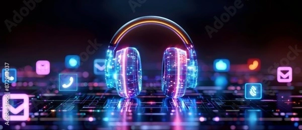 Obraz Futuristic headphones glowing with neon lights surrounded by digital icons representing music and communication on a dark background.