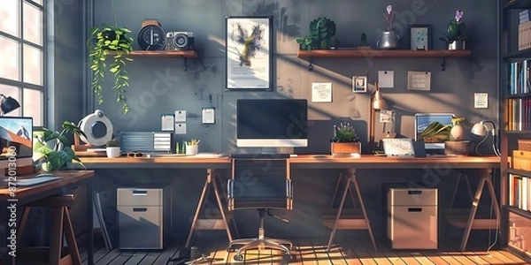 Fototapeta Illustration of a Cozy Home Office with Natural Light