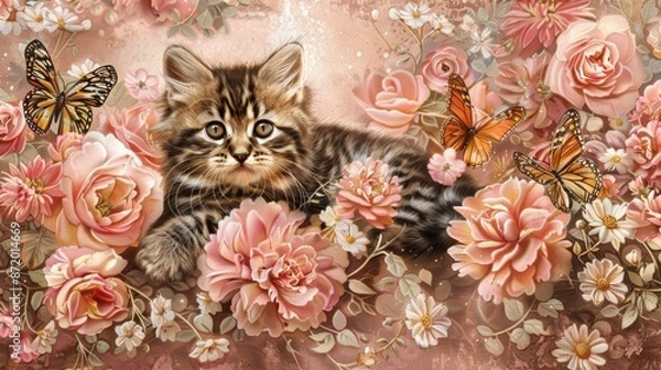 Obraz lit. cat among flowers