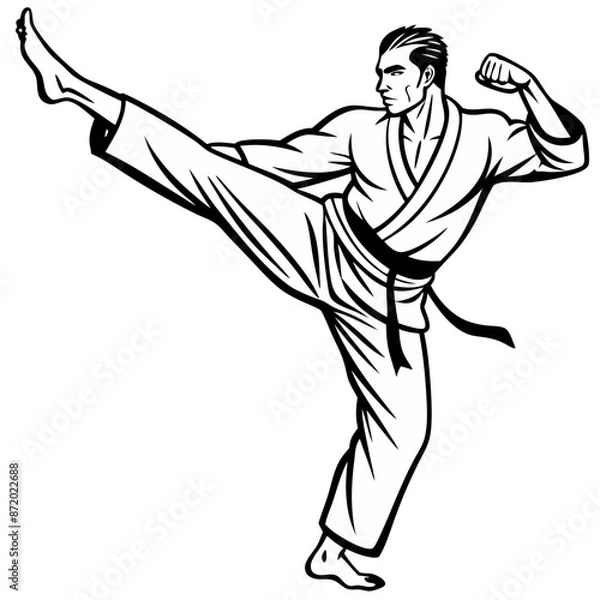 Fototapeta Cartoon illustration of a young karate fighter doing a powerful kick in a dynamic sports pose