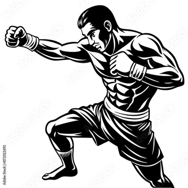 Fototapeta Dynamic vector illustration in black and white depicts a martial arts MuayThai fighter facing off against a shadowy figure wielding a bat
