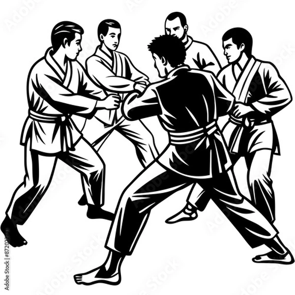 Fototapeta Dynamic vector illustration in black silhouettes of a karate fight, showcasing a woman delivering a powerful kick