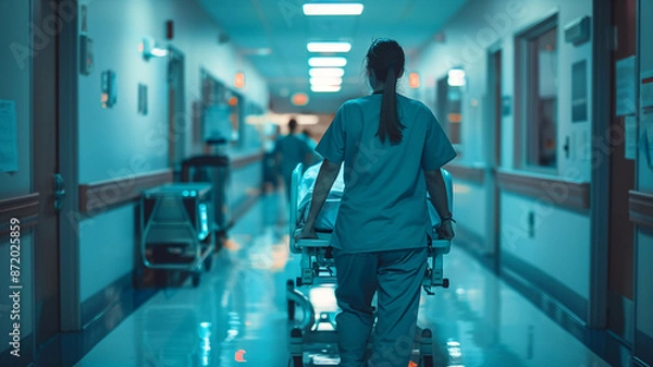 Fototapeta Hospital Corridor Scene with Nurse Pushing a Gurney Stretcher Bed, Navigating Through a Bustling Environment with Urgency and Care, Real Photography