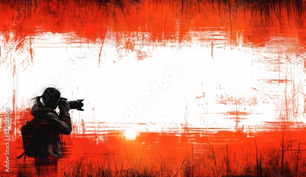 Fototapeta A minimalist vector silhouette of a photographer in profile, aiming a camera towards the viewer