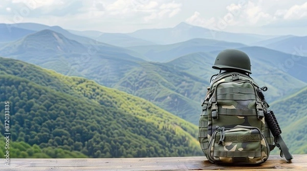 Fototapeta A green backpack and a white hard hat sit on a wooden table in front of rolling green hills