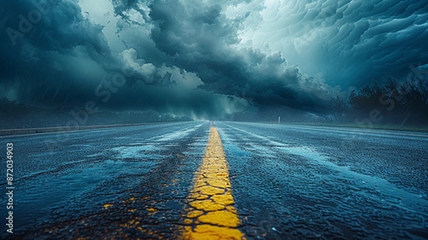 Fototapeta Experience the Captivating View of a Stormy Road: Real Photography Showcasing Ominous Clouds and Distant Horizon, Setting a Mood of Anticipation and Exploration