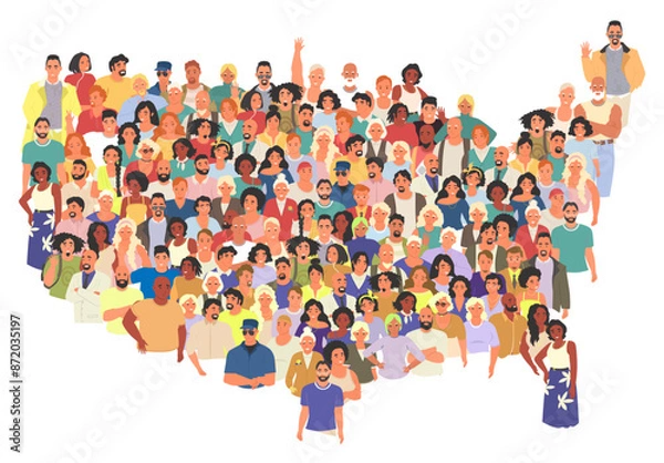 Obraz American people multicultural community avatar shaped in USA continent cartoon vector illustration. Group of young, adult, elder man and woman citizens diversity