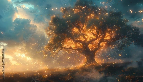 Fototapeta Paperless Paradise: Transitioning to Digital Documents, serene landscape where traditional paper documents are transforming into pixels and floating into a glowing digital cloud overhead