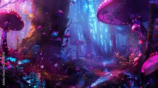 Fototapeta Enchanting Fantasy Landscape with Whimsical Mushrooms and Mystical Light - Magical Forest Background Wallpaper