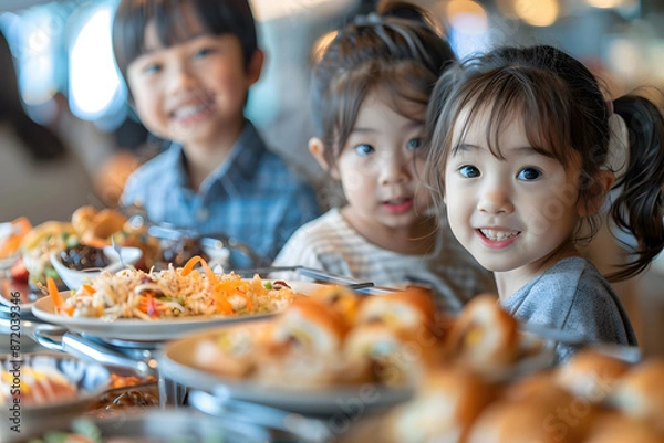 Fototapeta Three happy children enjoying delicious food at a buffet, smiling and posing with various dishes around them in a lively setting.