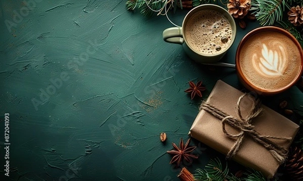 Fototapeta fathers day concept, glasses coffee, gift on a green background ideal for greeting cards or ads.stock image