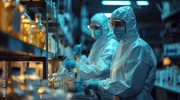 Fototapeta Two forensic scientists in protective gear meticulously examine evidence in a high-tech laboratory setting.