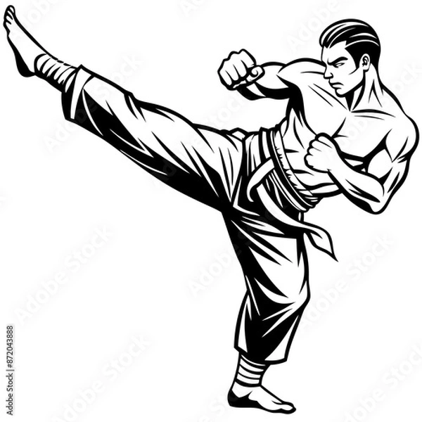 Fototapeta Black silhouette of a young karate student in a dynamic pose, perfect for a martial arts vector illustration