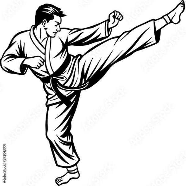 Fototapeta Fun vector illustration of a karate man in a kimono performing a kick, perfect for a sporty website or t-shirt design
