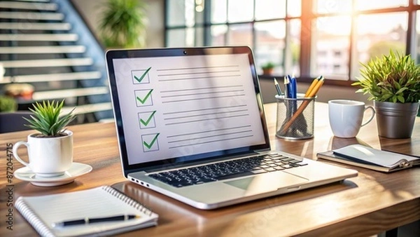 Fototapeta A laptop with an open digital checklist on the screen, surrounded by office supplies, demonstrating efficient task management and productivity in a corporate setting.