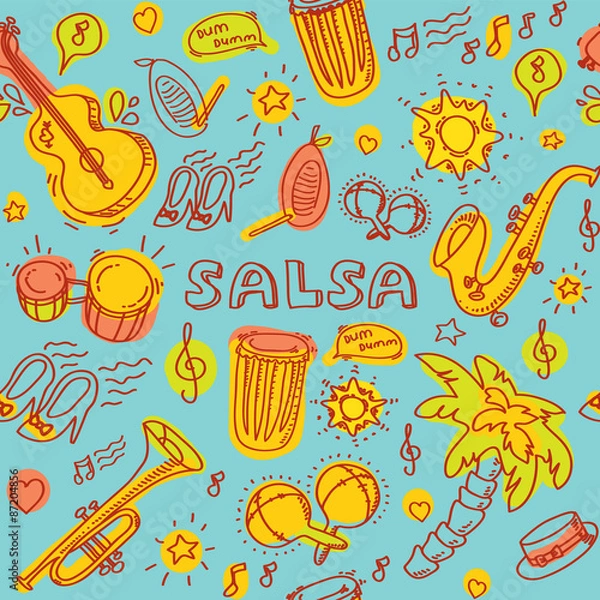 Fototapeta Salsa music icons, instruments, blue back