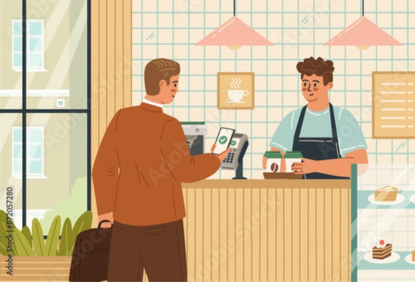 Obraz Businessman paying for coffee using nfc mobile application