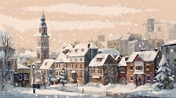 Fototapeta A snowy cityscape featuring a clock tower in the background