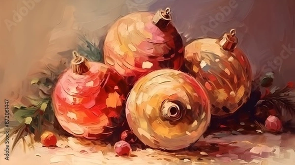 Fototapeta A collection of holiday decorations displayed on a table. oil painting retro style