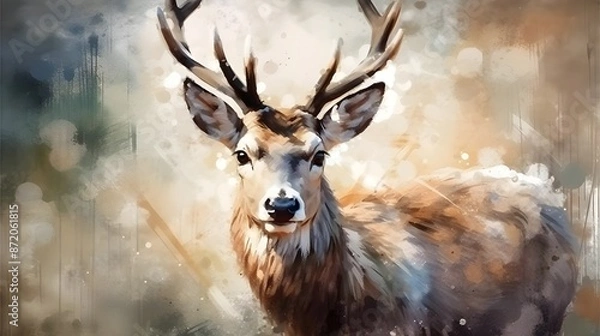 Obraz Portret animal, the deer with its antlers, is standing in the snow, gazing at the camera, showcasing natural wildlife beauty, oil painting