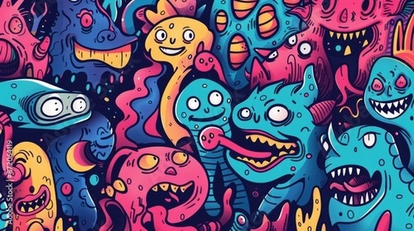 Obraz Hand-drawn cartoon illustration background with whimsical characters and vibrant colors, perfect for playful designs