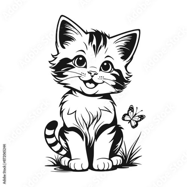 Fototapeta Cute black and white hand drawn kitten with a butterfly. Vector cartoon illustration.