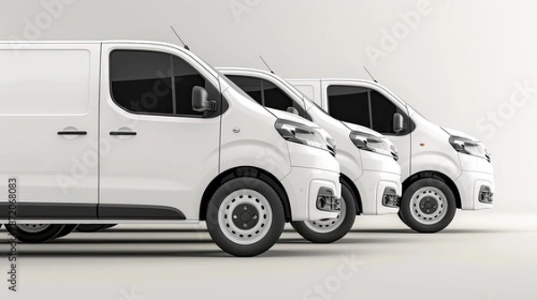 Fototapeta A row of white delivery vans are parked in a lot under a bright blue sky with white clouds