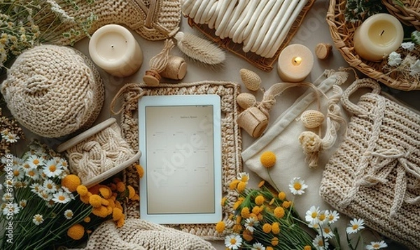 Obraz boho style feminine workspace flat lay top view digital tablet mockup macrame handbag weekly planner candle dried flowers on beige background.image