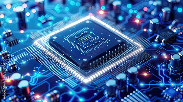 Fototapeta Futuristic microchip processor blue background with lights quantum computer large data processing database concept AI and robotics quantum computing processor 
