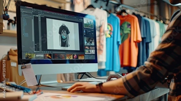 Fototapeta A graphic designer working on T-shirt designs using a computer in a creative workspace, surrounded by printed shirts..