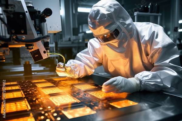 Obraz Generative ai on theme of man in protective suit holds microchip for design abstract background