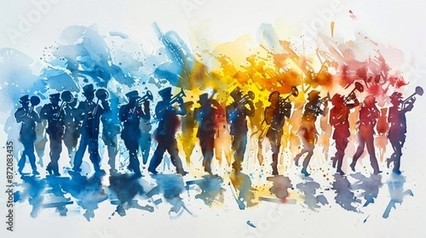 Fototapeta Harmonious March: Minimalist Watercolor of Bastille Day Parade with a Colorful Marching Band