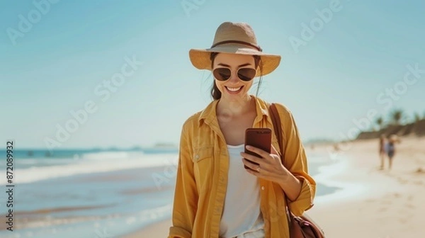 Fototapeta  happy traveler woman using smart phone and smiling while walking along a beach