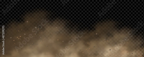 Fototapeta Vector background of a sand explosion with dirt and cloud smoke. Brown sandstorm splash and  dirty ground with a textured wind effect.Yellow flying particles and stone.