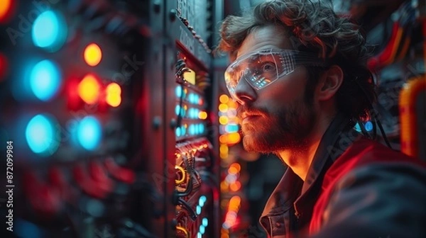 Fototapeta A Man Wearing Safety Glasses Works On A Complex Network In A Brightly Lit Data Center