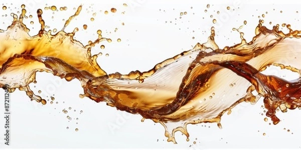 Fototapeta Abstract Splash of Brown Liquid with Droplets Isolated on White Background.